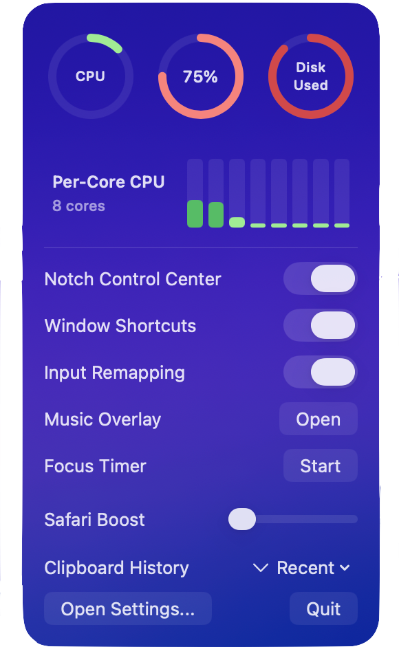 Orvion menu bar dropdown with system stats and quick toggles