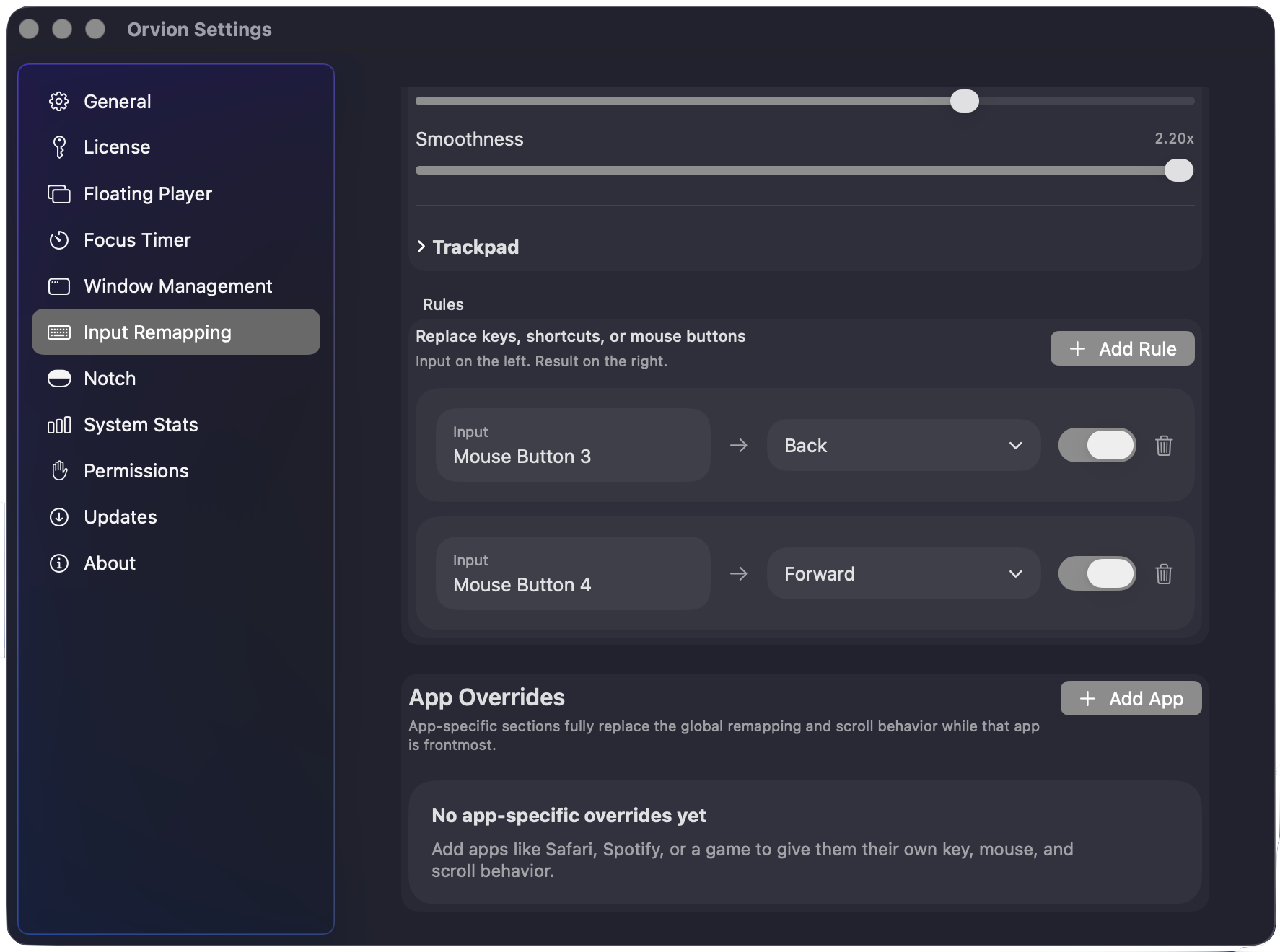 Orvion input remapping settings with mouse button rules