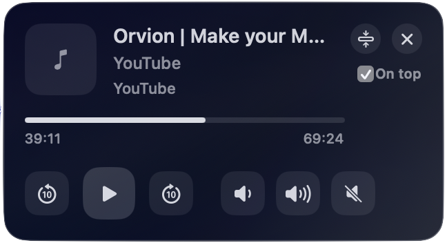 Orvion floating music player with on top toggle