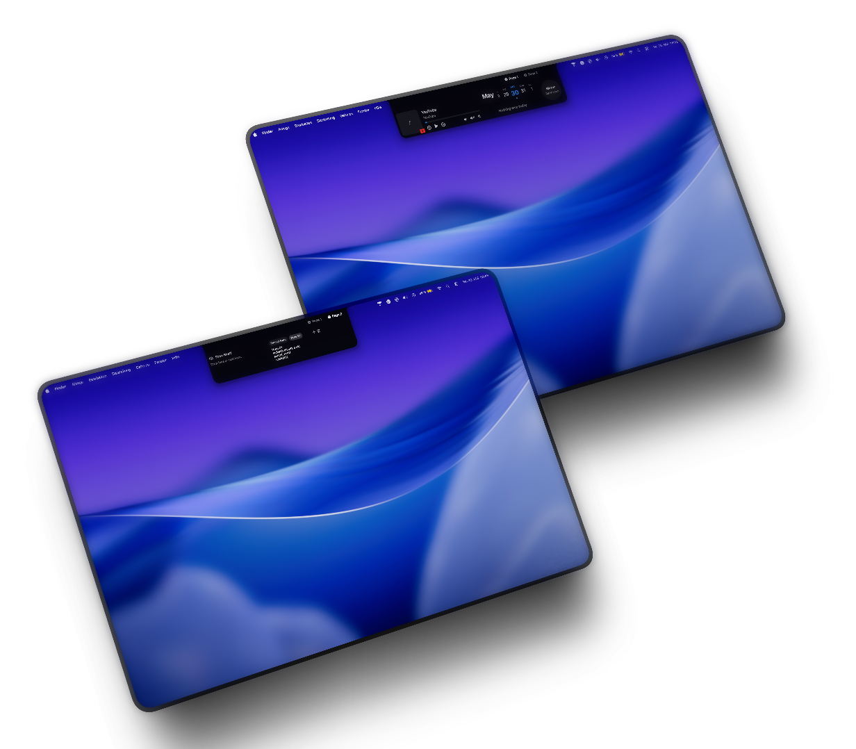 Two macOS desktops with Orvion notch control center open