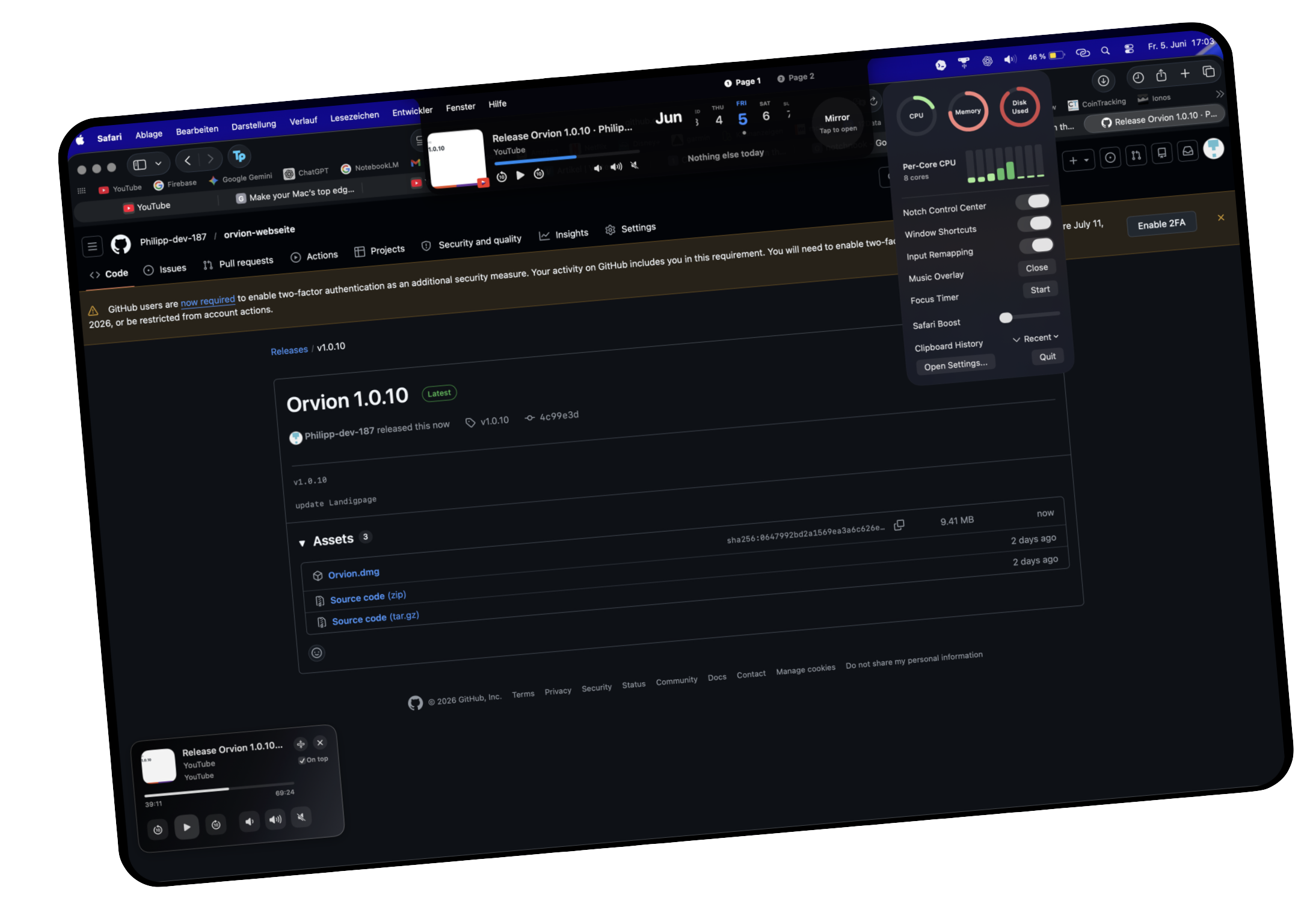 Orvion floating music player on a macOS desktop