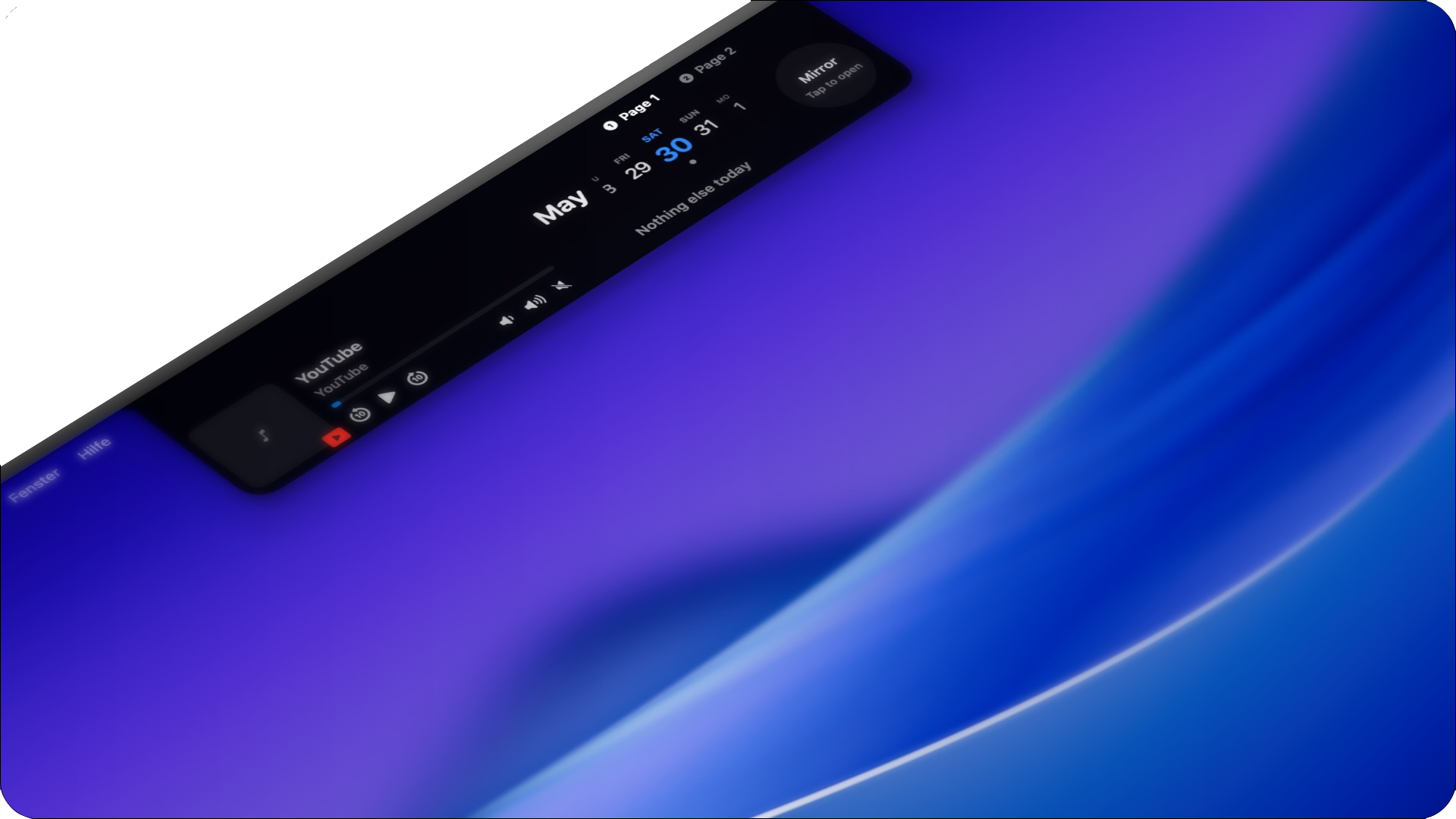 Close perspective of Orvion notch control center with media and calendar widgets