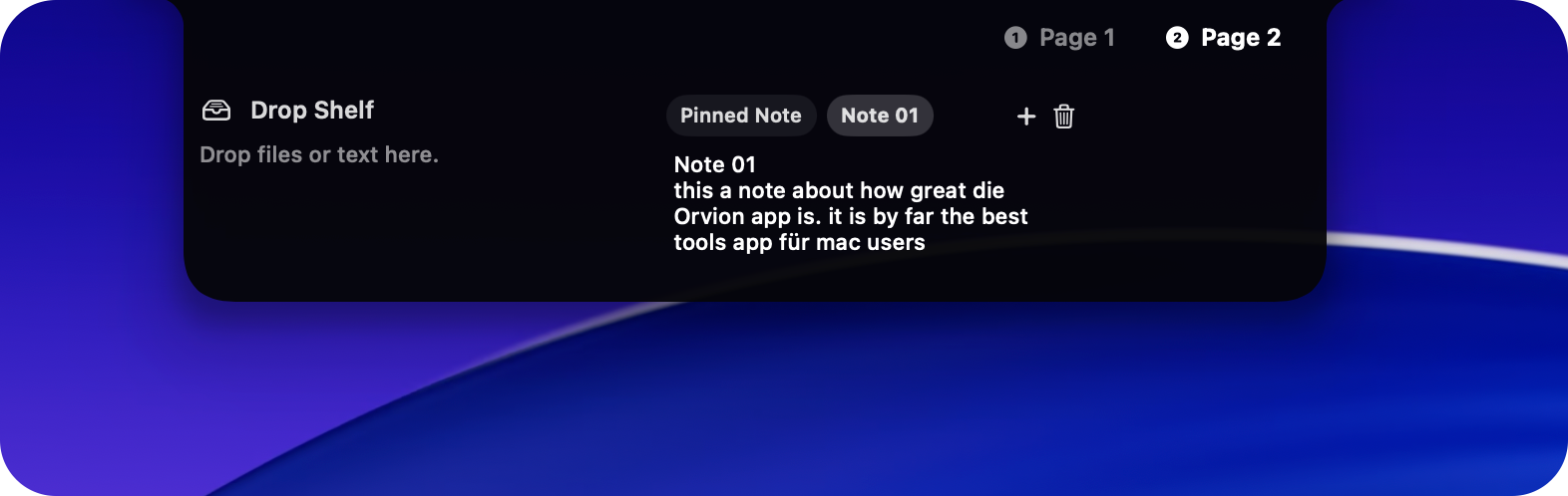 Orvion notch page with quick notes